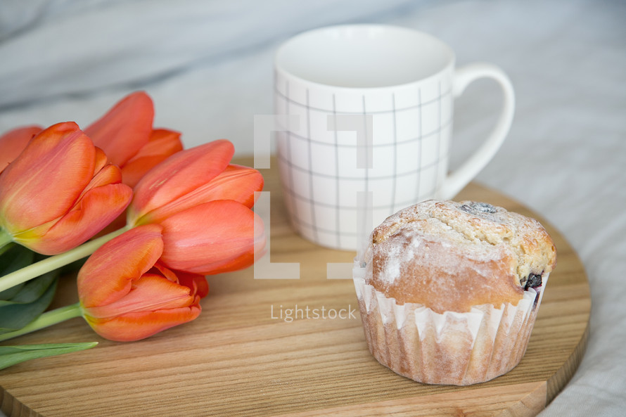 muffin, tulips, and coffee mug