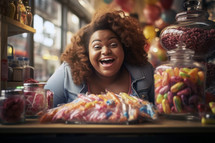 AI Generated Image. Playful plus sized African American woman in a candy store