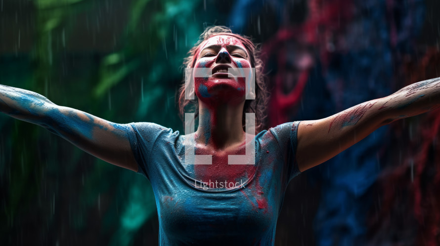 AI generated image. Woman fully painted by blue red green paint arms outstretched