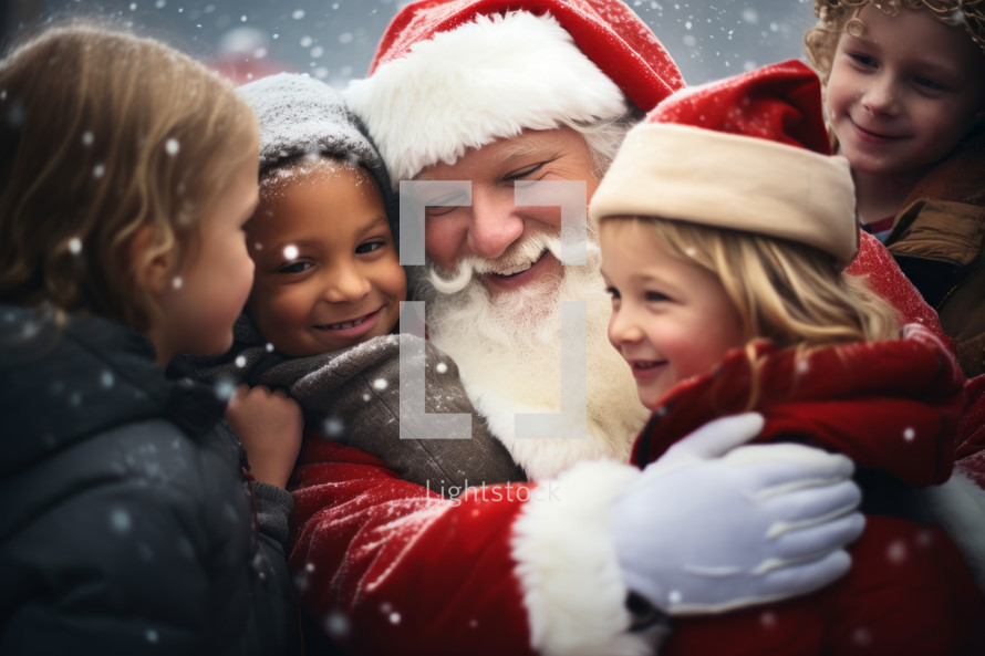 AI generative images. Smiling Santa Claus hugging happy and playful kids outdoors
