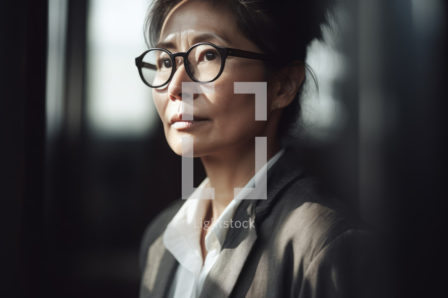 AI generated image. Successful Asian middle-aged woman wearing smart casual jacket and eyeglasses in the office