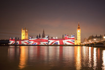 Houses of parliament with the Union Jack flag projected on to it, seen from across the River Thames. London, England.- for editorial use only 