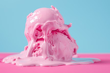 AI Generated Image. Rich saturated Pink Ice cream melting on blue background