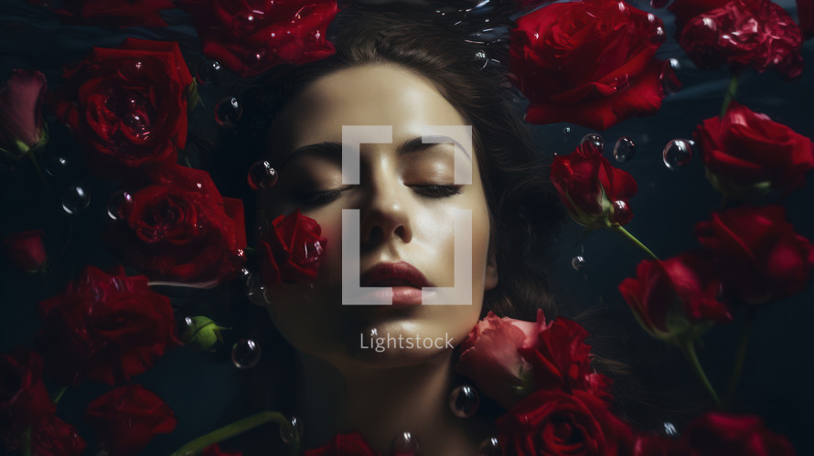 AI Generated Image. Woman submerged under the water full of red roses