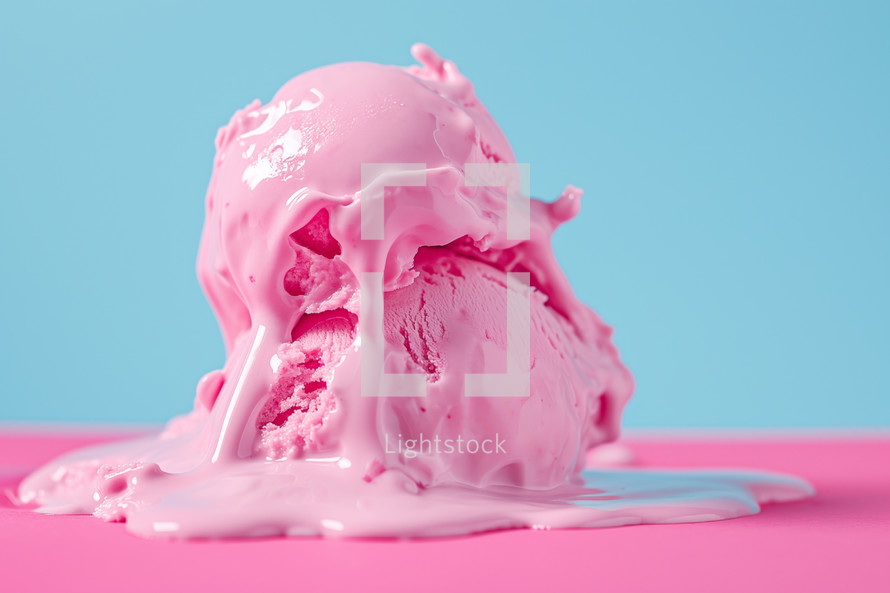 AI Generated Image. Rich saturated Pink Ice cream melting on blue background