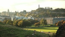 park and city view in Edinburgh Scotland at sunset