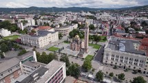 Stunning orthodox church in Banja Luka, aerial orbit city skyline summer day