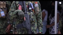 Asian Soldiers Patrolling Street Gun War Closeup Coup