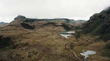 Panoramic View Of Hiking Trail, Lake, And Mountain Range In Cayambe Coca Ecological Reserve, Ecuador.

