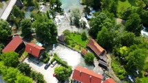 Aerial shot drone flies camera down over Rastoke, Slunj, Croatia