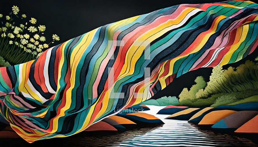 Colorful striped fabric floating over a river 