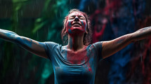 AI generated image. Woman fully painted by blue red green paint arms outstretched