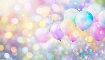 festive background of pastel color balloons and confetti with bokeh effect - wide image