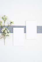striped, ribbon, blank, white, notecards, paper, desk, flowers 