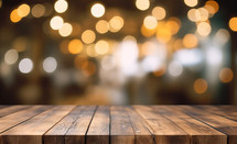 Empty Wooden Table With Bokeh Blur Lights Background