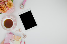 ipad, tea cup, notes, pink, flowers, peach, saucer, white background, time for tea, roses, watch, desk