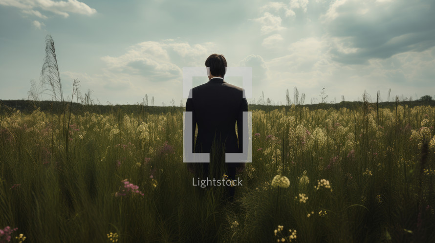AI generated image. Anonymous man in black suit standing in the meadow. Back view