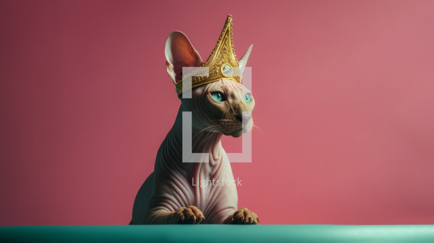 AI generated image. Sphinx cat wearing golden crown on a pink background
