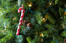 ornaments and lights on a Christmas tree closeup 
