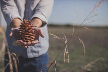 man holding a pine cone 