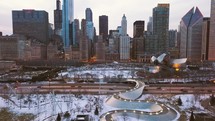 Aerial view of Downtown Chicago, The Bean, and Millennium Park.