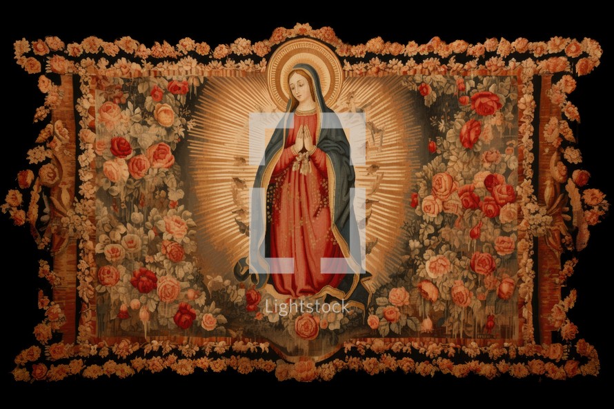 Tapestry of the Mother Mary and red roses on black background.