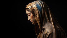 Closeup of a beautiful holy mary with golden veil on black background