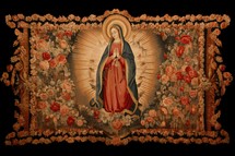 Tapestry of the Mother Mary and red roses on black background.
