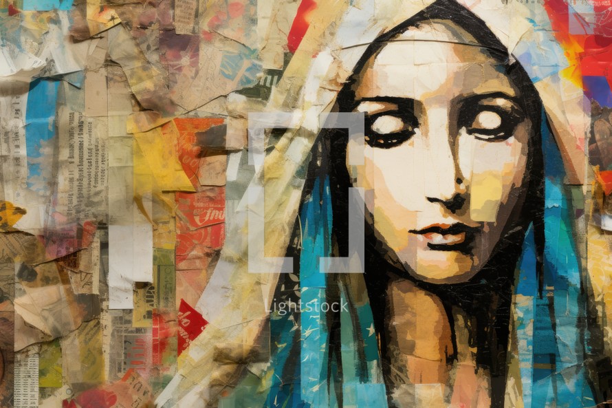 Abstract art collage with a portrait of Mother Mary