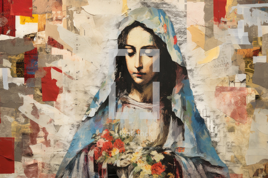 Portrait of the Mother Mary with a bouquet of flowers in her hands