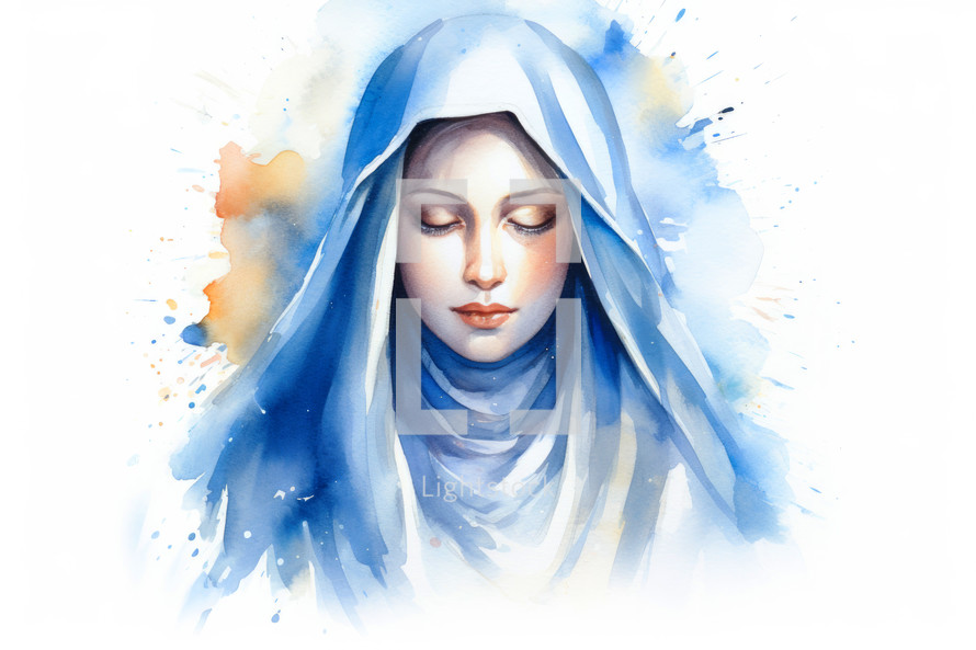 Portrait of beautiful young woman with blue veil. Watercolor painting.