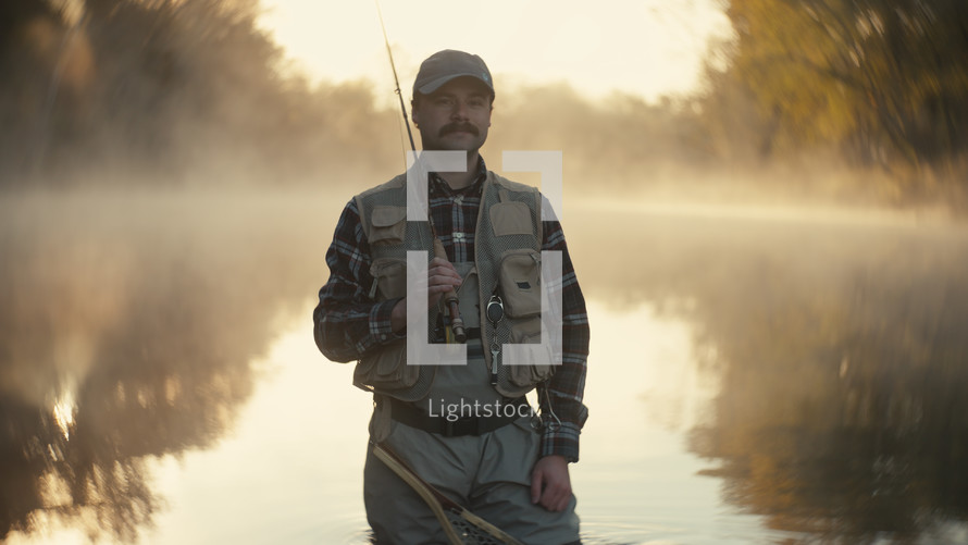 A Smiling young fly fisherman on a foggy river at sunrise