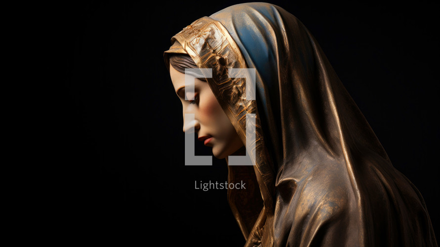 Closeup of a beautiful holy mary with golden veil on black background