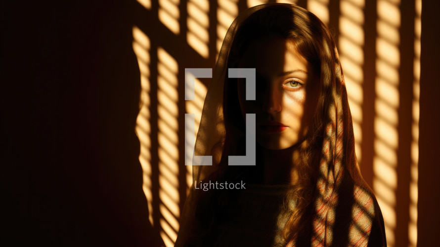 Portrait of beautiful girl in shadow of blinds on dark background