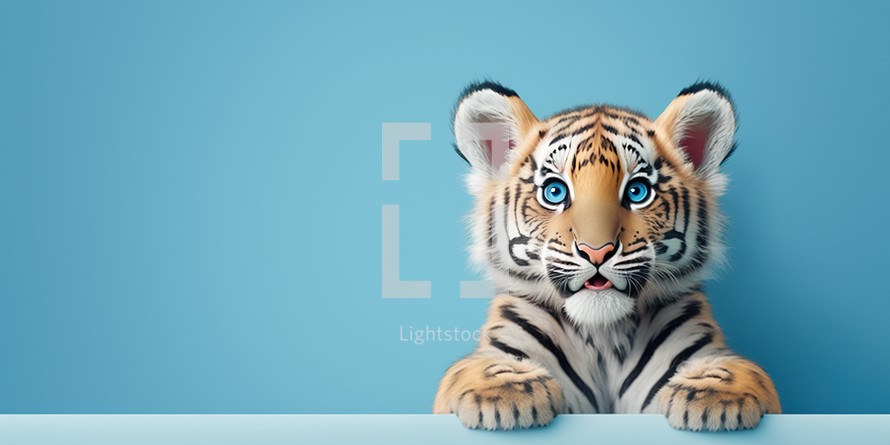 Cute tiger cub on blue background and copy space