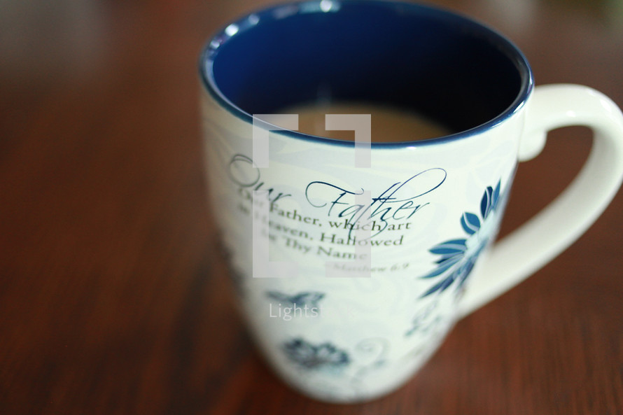 Coffee cup with the Lords Prayer.