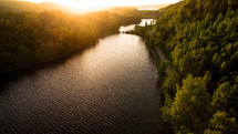 Aerial shot of lakes at sunrise in Scandinavia