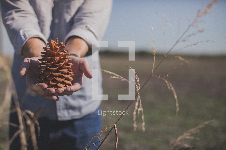 man holding a pine cone 