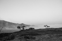 rising fog over hilly landscape 