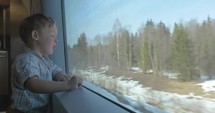 Boy looking at nature scene through the train window