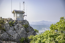 A lookout post on a mountain top view of the Korean coast