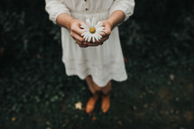 a woman holding a daisy 