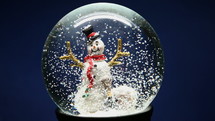 snow falling on a snowman in a snow globe