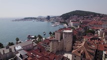 Split, Croatia: Aerial of Venetian Tower, coast, and historic town backdrop