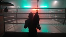 Boxer in the boxing gym with red and green stylized lighting. 