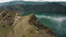 Mountain Hike Trail At Quilotoa Lake On Ecuadorian Andes Volcano. Aerial Drone Shot	