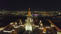 Aerial Drone View of Moscow State University at Night 4K
