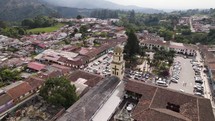 Aerial view around the Church of Our Lady of Carmen, in sunny Salento, Colombia