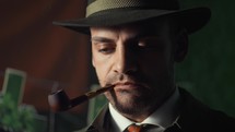 inspector smokes a pipe in a pub 