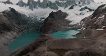 Aerial View Of Laguna de los Tres And Laguna Sucia With Fitz Roy Mountain In Patagonia, Argentina.